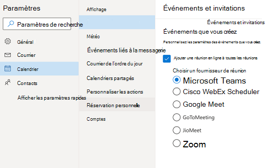 Outlook sur le web : sélectionnez le fournisseur de réunion en ligne par défaut