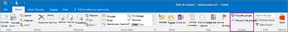 Options Groupes dans le ruban Outlook principal