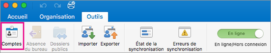 Bouton Comptes sous l’onglet Outils