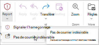 Vous pouvez utiliser le bouton Signaler > non indésirable pour restaurer un message à partir de votre dossier Email courrier indésirable, puis indiquer à Outlook d’arrêter d’envoyer des messages de cet expéditeur dans le dossier Email indésirables.
