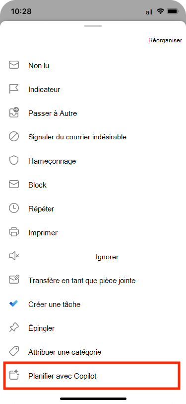 Planifier à partir de Email pouvez être sélectionné dans le menu Plus d’actions