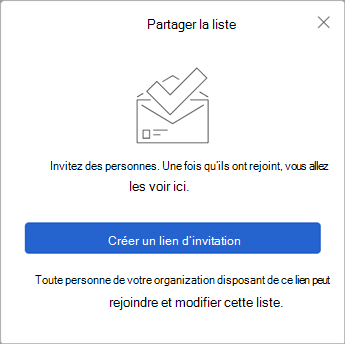 Lorsque vous sélectionnez Partager la liste, To Do crée un lien d’invitation à envoyer à d’autres personnes.