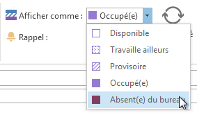 Afficher mon statut pendant cette réunion comme Absent(e) du bureau