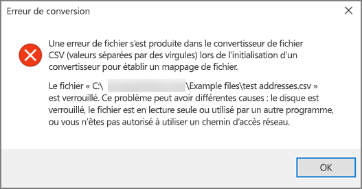 Il s’agit du message d’erreur que vous obtiendrez si votre fichier .csv contient des données mal mises en forme.