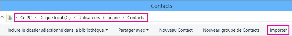 Naviguez jusqu'au dossier Contacts, puis choisissez Importer.