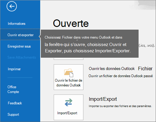 Pour créer votre fichier .pst Outlook, sélectionnez Fichier, Ouvrir et exporter, puis Importer/Exporter.