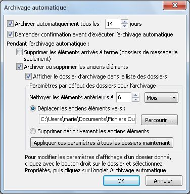 Boîte de dialogue Paramètres d’archivage automatique