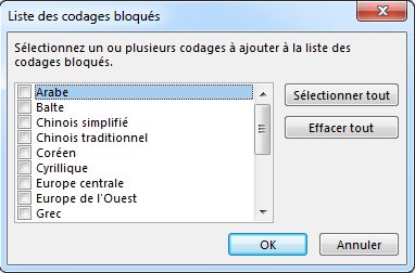 Boîte de dialogue Liste des codages bloqués