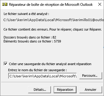 Résultats d’un fichier de données .pst Outlook analysé à l’aide du Réparateur de boîte de réception de Microsoft (SCANPST. EXE)