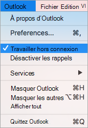 Indique l'option Travailler hors ligne sélectionnée dans le menu Outlook.