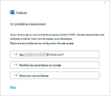 Capture d’écran du message d’erreur Un problème s’est produit lors de l’ajout d’un compte iCloud
