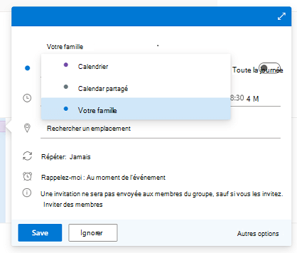 La boîte de dialogue Nouvel événement avec la liste de calendriers ouverte et Votre famille sélectionnée.