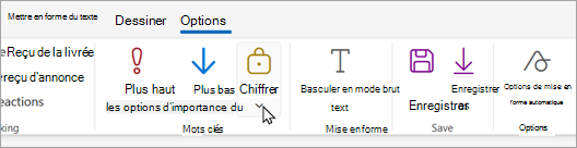 La nouvelle barre d’outils de courrier comporte un bouton Chiffrer dans lequel vous pouvez choisir des options de chiffrement.