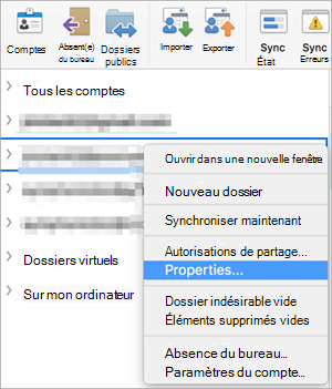 Affiche le menu contextuel d'un dossier Exchange dont les propriétés sont sélectionnées.
