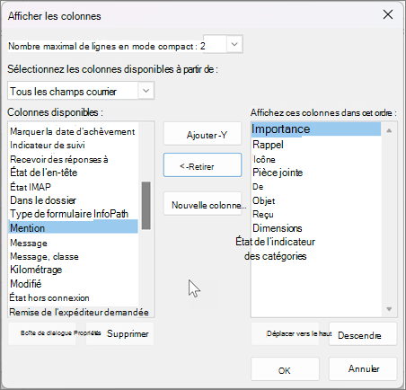 Afficher les paramètres des colonnes dans Outlook
