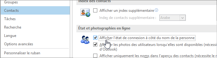 onglet People dans la boîte de dialogue Options avec affichage en ligne status mis en évidence