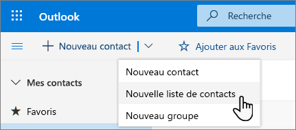 Capture d’écran du menu Nouveau contact avec l’option Nouvelle liste de contacts sélectionnée