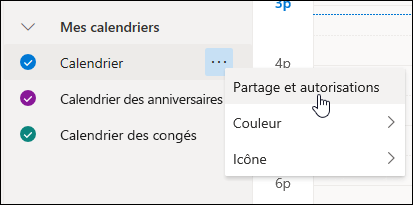 Capture d'écran du curseur survolant Partage et autorisations dans le menu contextuel du calendrier