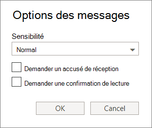 Une capture d’écran montre la boîte de dialogue Options de message montrant les options permettant de définir un niveau de confidentialité et de demander une remise ou une confirmation de lecture.