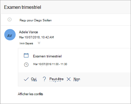 Capture d’écran d’une invitation à une réunion envoyée à un délégué