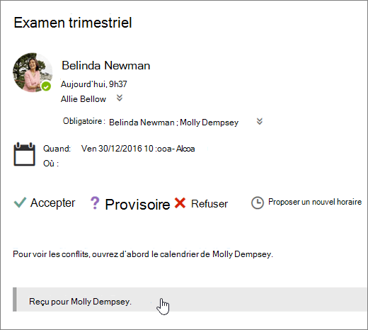 Invitation à une réunion envoyée à un calendrier partagé