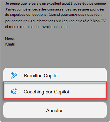Option de menu pour le coaching de Copilot dans Outlook pour mobile