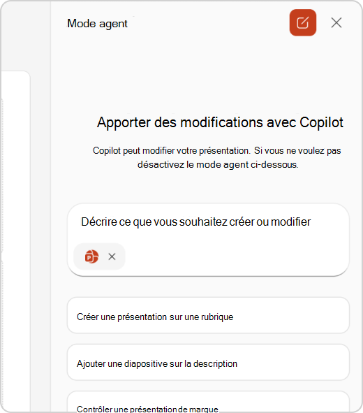 Volet de conversation en mode Agent