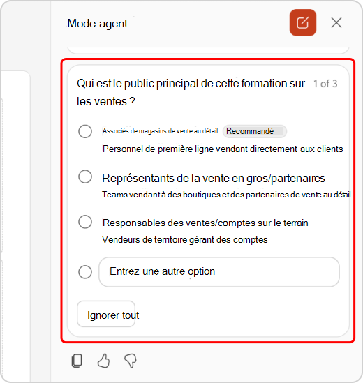 Clarification des questions dans la conversation en mode Agent