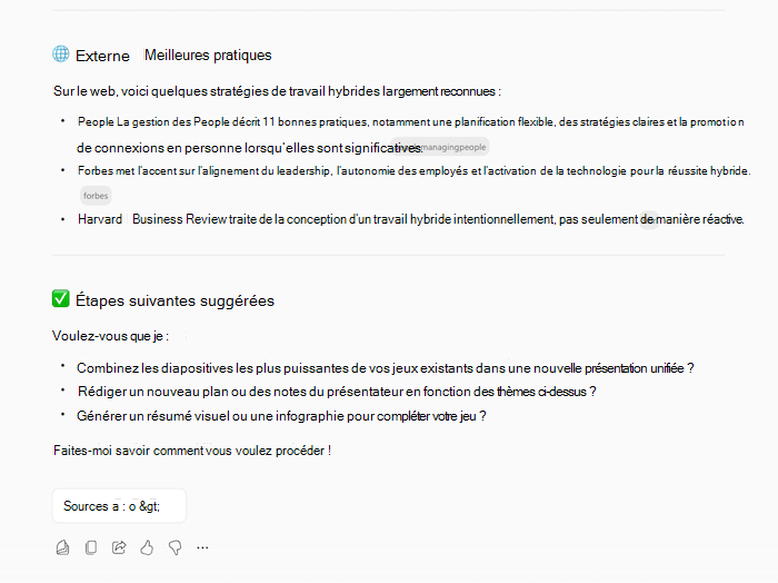 Capture d’écran de la réponse de Copilots pour créer une présentation, montrant des informations sur la rubrique demandée et des questions de suivi.