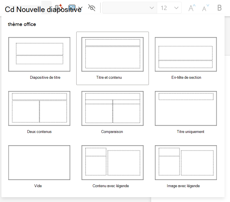 Liste déroulante Nouvelle diapositive sous l’onglet Accueil de PowerPoint sur le Web