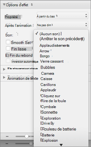 La capture d’écran montre la section Options d’effet du volet Animations, avec le menu Son développé.