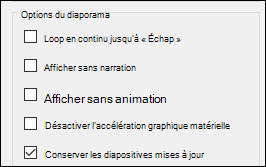 Le groupe Options du diaporama de Paramètres du diaporama avec Actualiser les diapositives activée.