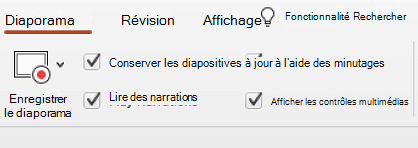 Onglet diaporama du ruban affichant l’option Conserver les diapositives mises à jour sélectionnée.
