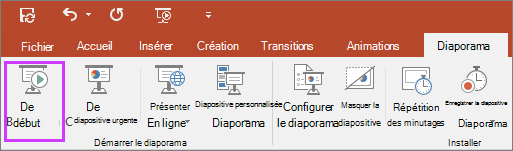 Affiche le bouton à partir du début sous l’onglet diaporama dans PowerPoint