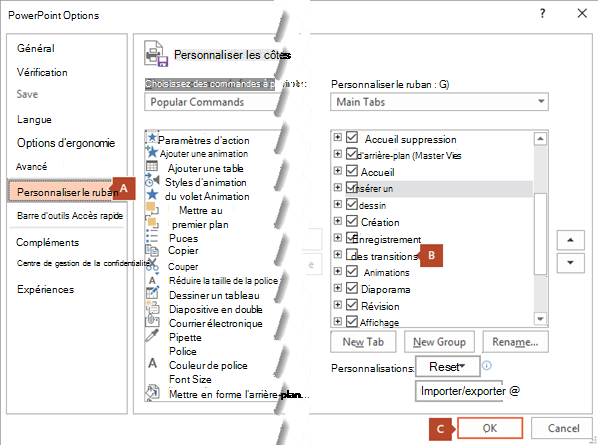 L’onglet Personnaliser le ruban de la boîte de dialogue Options de PowerPoint 2016 comprend une option permettant d’ajouter l’onglet Enregistrement au ruban de PowerPoint.