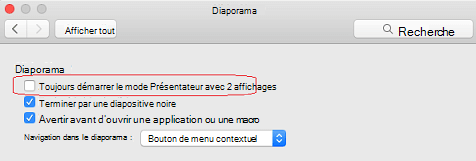 Dans la boîte de dialogue Diaporama, désactivez la case Toujours démarrer le mode Présentateur avec 2 affichages case activée.