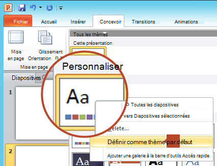 Cliquez avec le bouton droit sur le nouveau thème répertorié sous l’en-tête Personnalisé, puis choisissez Définir comme thème par défaut.