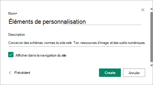 Une fois que vous avez renseigné le nom et la description de la bibliothèque souhaités, sélectionnez Créer.