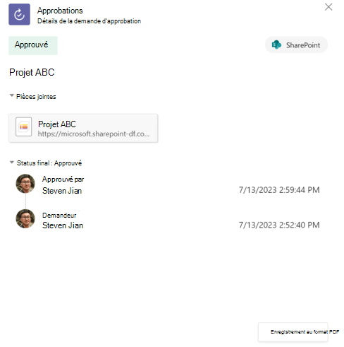 Capture d’écran de l’historique d’approbation des éléments de liste sur l’application.
