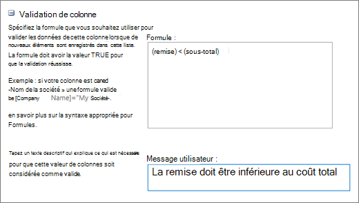 Boîte de dialogue de validation de colonne avec des champs remplis avec des exemples de données