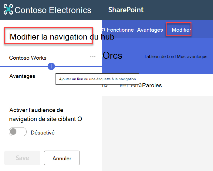 Capture d’écran de la navigation du hub de modification