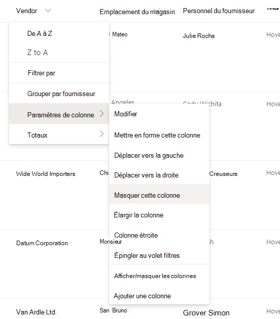 Paramètres de colonne > Masquer cette option de colonne lorsqu’un en-tête de colonne est sélectionné dans une liste ou une bibliothèque SharePoint moderne