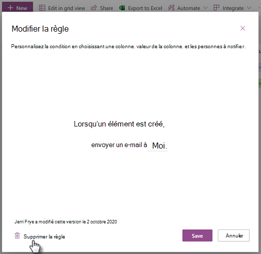 Capture d’écran de la suppression d’une règle pour une liste à partir de la page Modifier la règle.