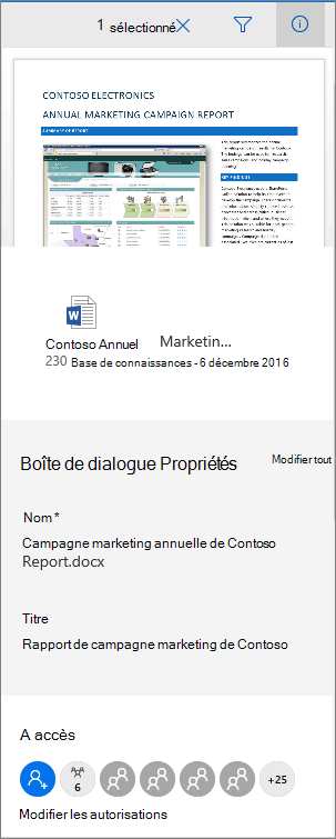 panneau métadonnées du document Office 365