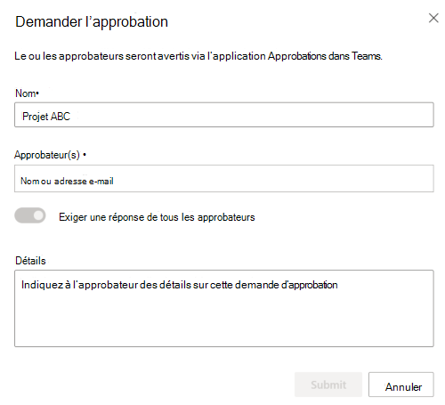 Capture d’écran montrant la boîte de dialogue Demander une approbation.