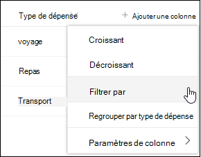 Option de menu Filtre d’en-tête de colonne SharePoint