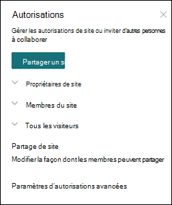 Panneau d’autorisations de site SharePoint
