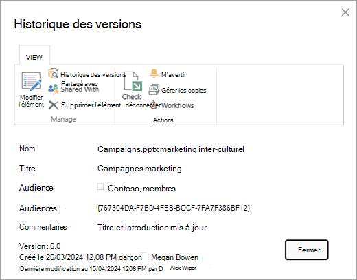 Boîte de dialogue Historique des versions pour un fichier donné.