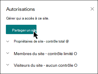 Aperçu de Partager le site sous Autorisations du site