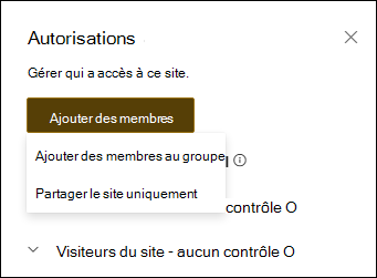 Aperçu du panneau d’autorisations avec menu déroulant.